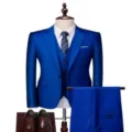 Men's royal blue 3-piece business casual suit set, slim fit groom tuxedo jacket vest and trousers. - US Size M / Top And Bottom / Sapphire Blue