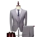 Men grey 3 piece suit slim fit business wedding blazer jacket vest trousers shoes outfit - US Size M / Top And Bottom / Light Gray