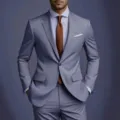 Men's slim fit one button grey suit two piece set, stylish business suit variant option. - US Size M / Top And Bottom / Light Gray