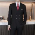 Men's black double breasted suit set formal business professional blazer and pants outfit. - Black