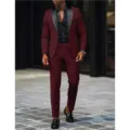 Μπορντό ανδρικό κοστούμι slim fit δύο τεμαχίων με μαύρο πέτο για γάμο και επαγγελματική χρήση. - Μέγεθος ΗΠΑ/ΕΕ XXS / Μπορντό