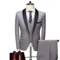 Men grey slim fit 3-piece business suit set jacket vest trousers wedding formal wear - Light Gray