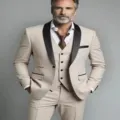 Men's slim fit 3 piece business suit shawl lapel wedding groom tuxedo suit set khaki color - US Size M / Set / Beige