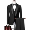 Men's Slim Fit 3-Piece Business Suit Tuxedo Set with Jacket Vest Pants Shirt for Wedding - Black