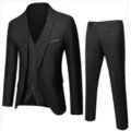 Men's 3-piece suit black slim fit business wedding tuxedo jacket vest pants set - Black