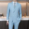 Men light blue double breasted suit set formal business blazer with trousers elegant style - Sky Blue