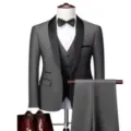 Men's Gray Slim Fit 3-Piece Suit Set Formal Business Groom Wedding Tuxedo with Bow Tie - Dark Gray