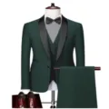 Men dark green three-piece suit slim fit groom tuxedo business wedding formal attire set - Army Green