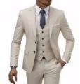 Men slim fit 3 piece suit wedding business casual tuxedo blazer vest trousers beige set - Off White