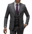 Men's grey three-piece suit detail, slim fit jacket, vest and trousers for formal events. - 2XL / Top And Bottom / Dark Gray
