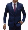 Detailed view of the slim fit men three piece suit jacket vest trousers in dark blue color. - Navy Blue