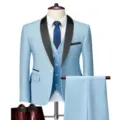 Men slim fit business casual 3-piece suit light blue tuxedo set for wedding groom professional wear. - Sky Blue