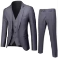 Men grey 3-piece suit slim fit business wedding blazer vest trousers stylish apparel variant. - Dark Gray