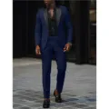 Ανδρικό slim fit μπλε σμόκιν κουστούμι με μαύρη σάλια για γάμο σε κομψό σετ δύο τεμαχίων - Ναυτικό μπλε