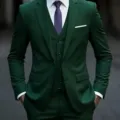 Détail de costume trois pièces vert foncé pour homme, style professionnel et élégant. - Vert Militaire