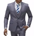 Men's slim fit three piece suit set with jacket vest and trousers for formal business wear. - Light Gray