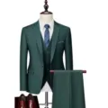 Men's dark green 3-piece business suit set featuring a slim fit blazer, vest, and matching trousers. - US Size M / Top And Bottom / Army Green