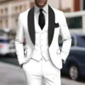 Men white 3-piece suit detail, black shawl lapel wedding tuxedo jacket, vest and pants set. - US Size XXS / Set / White
