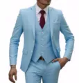 Men slim fit 3-piece suit detail view, stylish light blue blazer vest and trousers for business. - Sky Blue