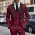 Men's burgundy 3-piece suit slim fit business wedding tuxedo jacket vest and pants - Burgundy