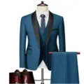 Men's Blue Slim Fit Three-Piece Suit Business Wedding Groom Tuxedo Jacket Vest and Trousers - Lake Blue