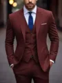 Costume trois pièces homme affaires casual slim fit blazer gilet pantalon professionnel. - Bordeaux
