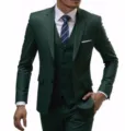 Detailed view of the dark green men's slim three-piece suit, showing precise tailoring and style. - Army Green