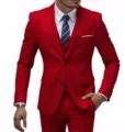 Men's slim fit three piece suit red wedding party business casual formal blazer trousers vest - US Size M / Red