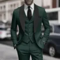 Mens dark green three piece suit detail, featuring black shawl lapel and matching vest for formal events. - US Size XXS / Set / Army Green