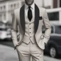Classic men's three-piece suit in beige with black shawl lapel, ideal for weddings and formal. - US Size XXS / Set / Beige