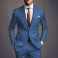 Herren schmaler Zweiteiler Anzug in Blau mit Krawatte, stilvolle Business Variante. - US Größe M / Oberteil und Hose / Seeblau