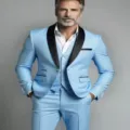 Men's light blue 3-piece suit slim fit business wedding tuxedo jacket vest pants set. - Sky Blue