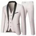 Costume Homme 3 Pièces Slim Blanc Casse Mariage avec Revers Chale Noir Ensemble - Taille US/UE M / Beige