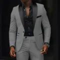 Ανδρικό κοστούμι δύο τεμαχίων slim fit γκρι σακάκι μαύρο πέτο γάμος επαγγελματικό - Ανοιχτό γκρι
