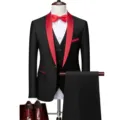 Men's Black Three-Piece Suit Groom Wedding Formal Wear Slim Fit Business Suit with Red Lapel - Black Red