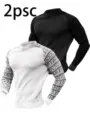 Hommes gaufre manches longues t-shirt 2pcs ensemble pull décontracté hauts mode chic neuf - S / Ensemble / Noir et Blanc