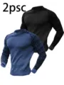 Ensemble de t-shirt manches longues gaufre homme deux pieces pull decontracte top 2pcs. - S / Ensemble / Noir & Bleu Marine
