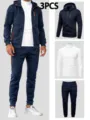 Ensemble survêtement homme 3 pièces avec sweat à capuche zippé, t-shirt col roulé et pantalon. - S / Bleu marine