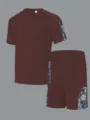 Détail de l'ensemble t-shirt et short à manches courtes en gaufré marron avec empiècements. - S / Haut Et Bas / Brun Foncé