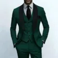 Men's dark green 3-piece slim fit suit with black shawl lapel for wedding and formal events. - US Size XXS / Army Green