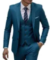 Men's 3-piece business suit set, teal slim fit blazer, vest and trousers for formal wear. - 2XL / Top And Bottom / Lake Blue