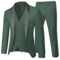 Costume 3 Pièces Vert Foncé Homme Slim Col Châle Affaires Mariage Mari Blazer Gilet Pantalon - Vert Militaire