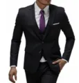 Men's slim fit three-piece suit set featuring a black blazer, vest, and matching trousers. - Black