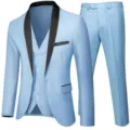 Costume homme bleu clair 3 pieces slim fit mariage affaires avec col châle noir élégant. - Bleu ciel