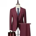 Men's Burgundy 3-Piece Business Suit Slim Fit Blazer Vest Trousers Wedding Groom Set - US Size M / Top And Bottom / Burgundy