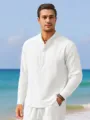 Chemise homme decontractee manches longues lin blanc detail, vetement de plage ete. - S / Blanc