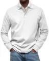 Detail en gros plan du polo homme a manches longues, design uni a revers, coupe confortable. - S / Blanc