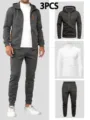 Men's 3-piece sportswear set detail showing zip hoodie, turtleneck t-shirt and sweatpants. - Dark Gray