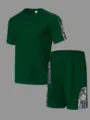 Vue détaillée de l'ensemble t-shirt et short à manches courtes vert foncé avec imprimé. - S / Haut Et Bas / Vert