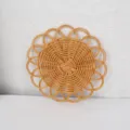 Circular light brown woven plastic rattan heat insulation coaster with looped edges - Sunflower Style / 18cm / Natural Wood Color